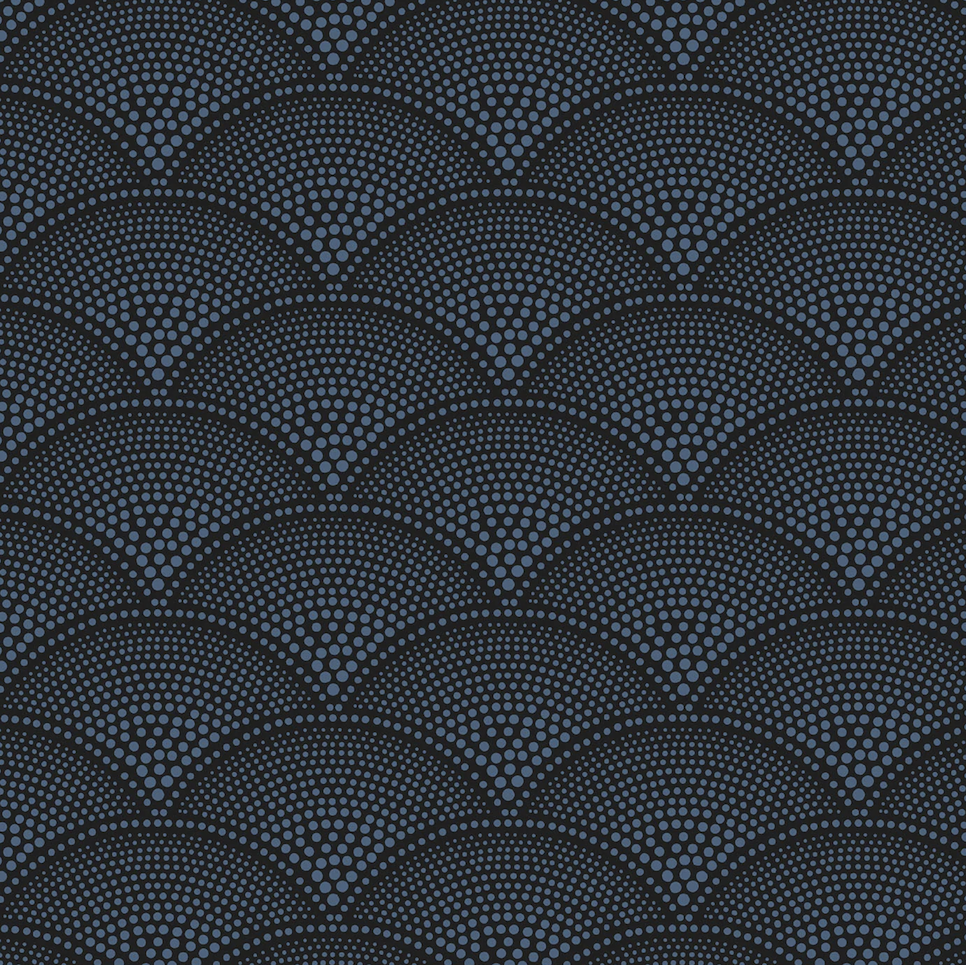 Donkerblauw Cole and Son Feather Fan behang met een patroon van waaiervormen opgebouwd uit stippen.