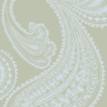 Lichtgroen Cole and Son Rajapur behang met groot klassiek paisley-patroon in wit.