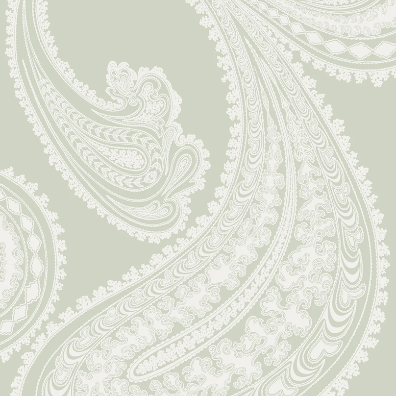 Lichtgroen Cole & Son Rajapur behang met groot paisley-patroon in wit.