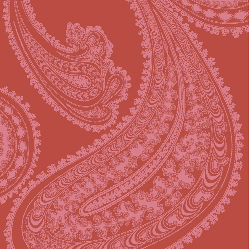 Rood behang met een groot paisley-patroon in roze uit de Rajapur-collectie van Cole and Son.