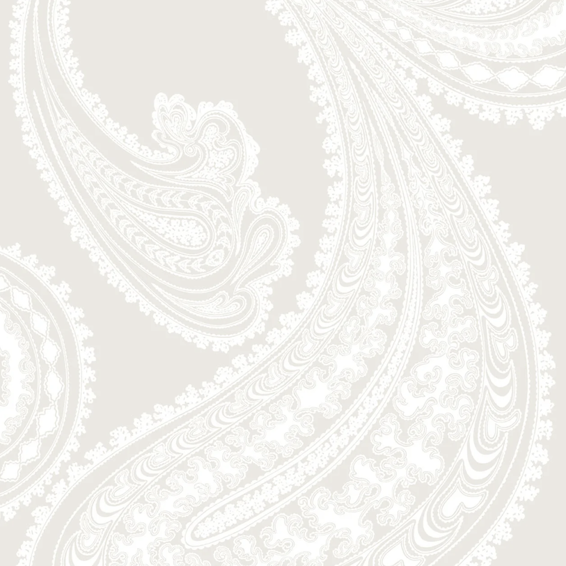 Lichtgrijs Cole & Son Rajapur 952010 behang met een fijn wit paisley patroon.