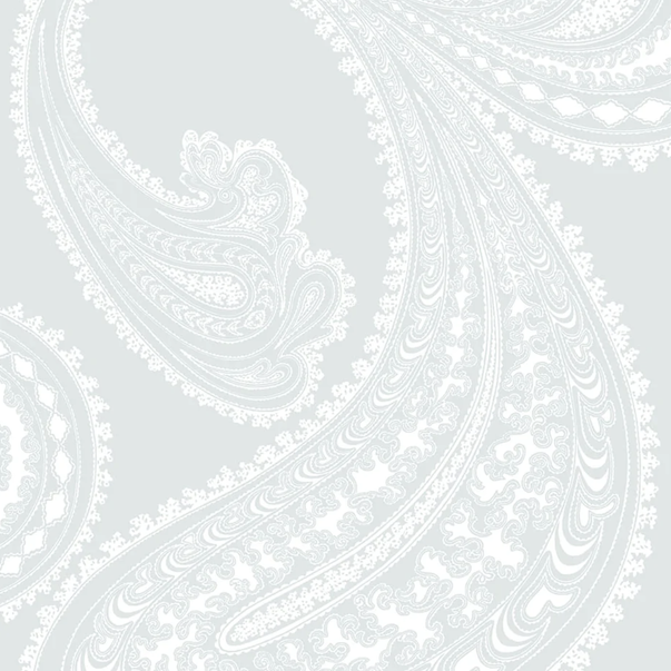 Lichtgrijs Cole & Son Rajapur behang met een wit paisley patroon.