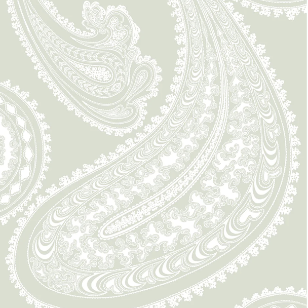 Lichtgroen Cole & Son Rajapur behang met een sierlijk wit paisleypatroon.