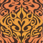 Oranje-bruin Cole & Son Woodstock 697126 behang met sierlijk, symmetrisch retro-patroon.