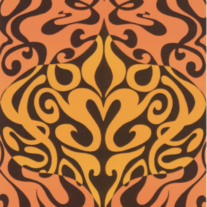Oranje-bruin Cole & Son Woodstock 697126 behang met sierlijk, symmetrisch retro-patroon.