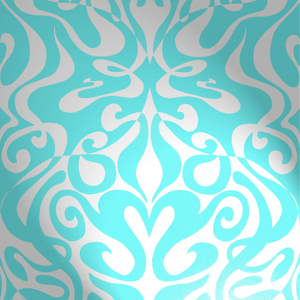 Turquoise en wit Cole and Son Woodstock 697128 behang met een sierlijk, symmetrisch patroon.