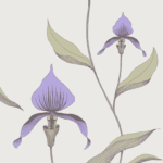 Illustratief behangontwerp van Cole and Son met paarse orchideeën en lichtgroene bladeren op een neutrale achtergrond.