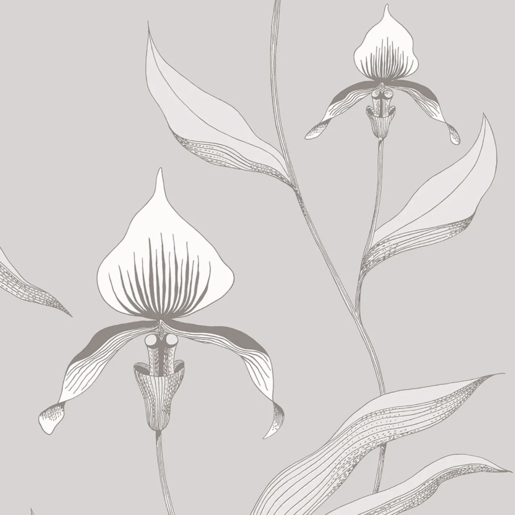 Lichtgrijs behang met een lijntekening van orchideeën en bladeren in een subtiel contrasterende tint.