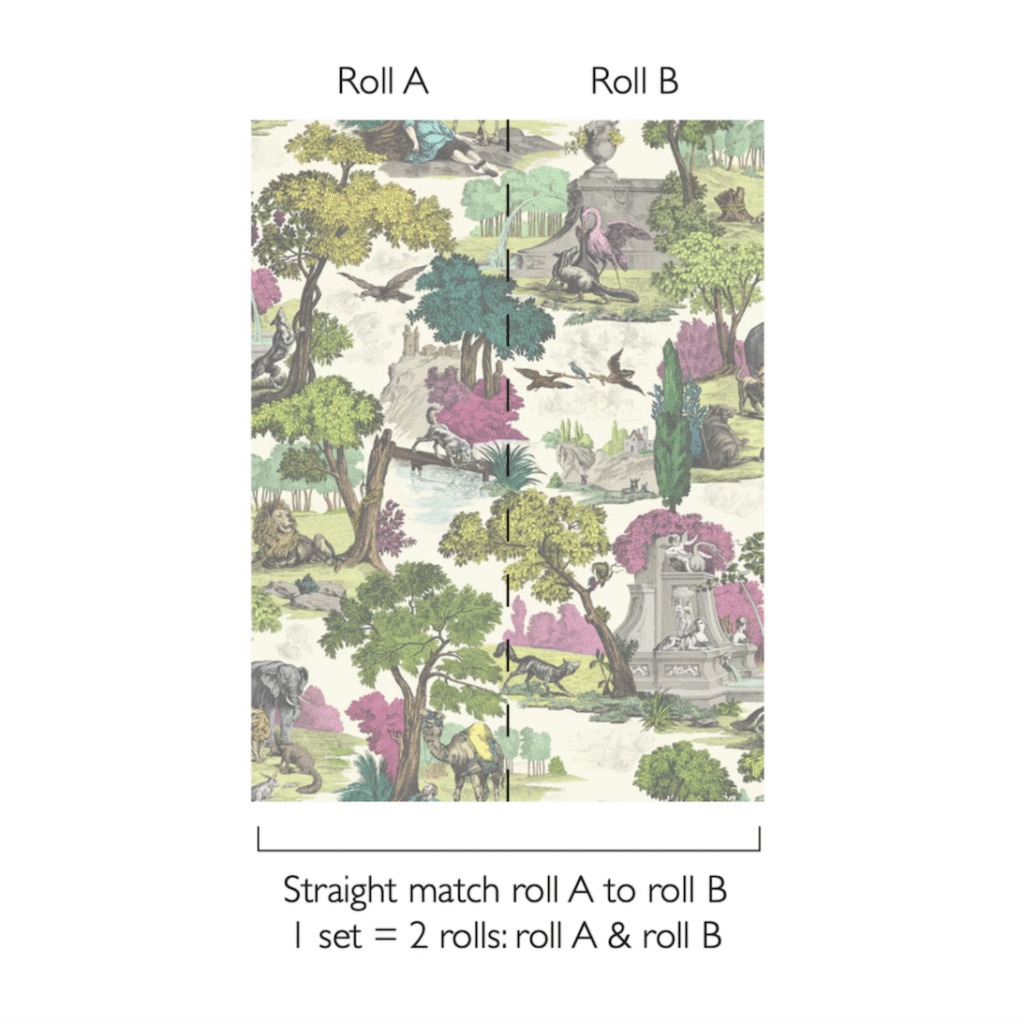 Twee op elkaar aansluitende rollen van het Cole and Son Versailles Grand 2 behang met kleurrijk klassiek landschapspatroon.