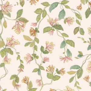 Lichtbeige Cole & Son-behang met een patroon van sierlijke, bloeiende kamperfoelietakken in zachte pastelkleuren.