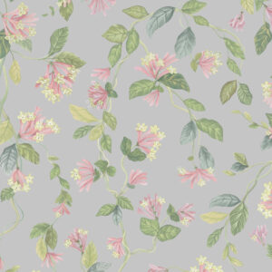 Behangpatroon Cole & Son Flora 124/3017 met roze bloemen en groene bladeren op een grijze achtergrond.