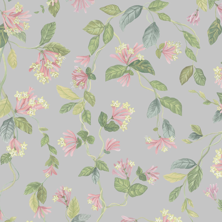 Behangpatroon Cole & Son Flora 124/3017 met roze bloemen en groene bladeren op een grijze achtergrond.