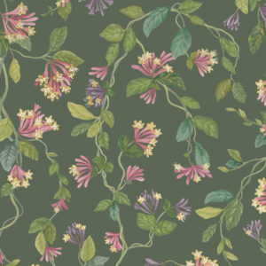 Behangpatroon Flora 124/3019 van Cole & Son met sierlijke klimplanten, roze en paarse bloemen op een donkergroene achtergrond.