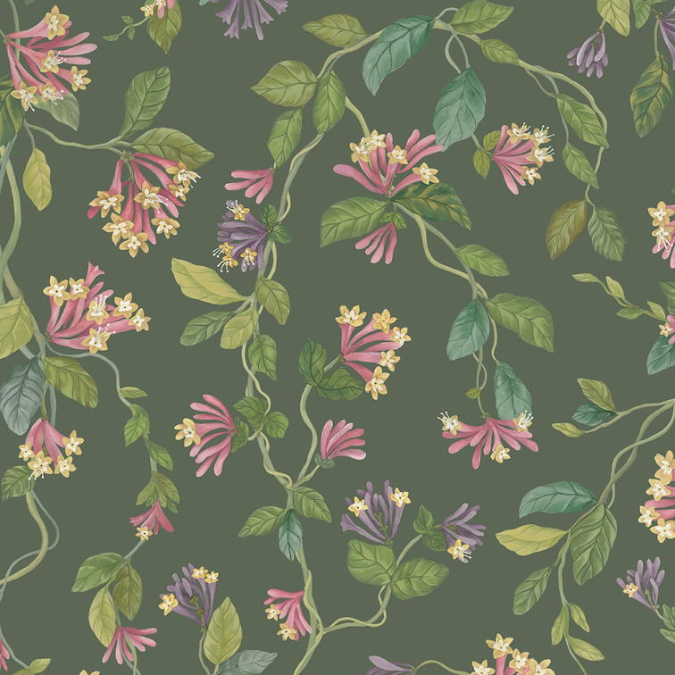Behangpatroon Flora 124/3019 van Cole & Son met sierlijke klimplanten, roze en paarse bloemen op een donkergroene achtergrond.