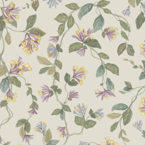 Bloemrijk Cole & Son-behang Flora 124/3020 met sierlijke klimplanten en pastelkleurige bloemen op een lichte achtergrond.