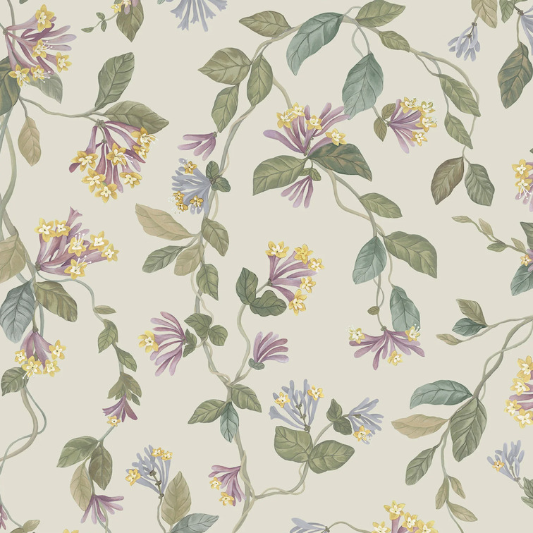 Bloemrijk Cole & Son-behang Flora 124/3020 met sierlijke klimplanten en pastelkleurige bloemen op een lichte achtergrond.