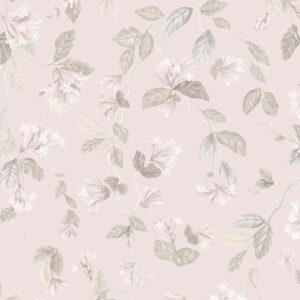 Lichtroze Cole & Son-behang met een patroon van sierlijke bloemen en groene bladeren.