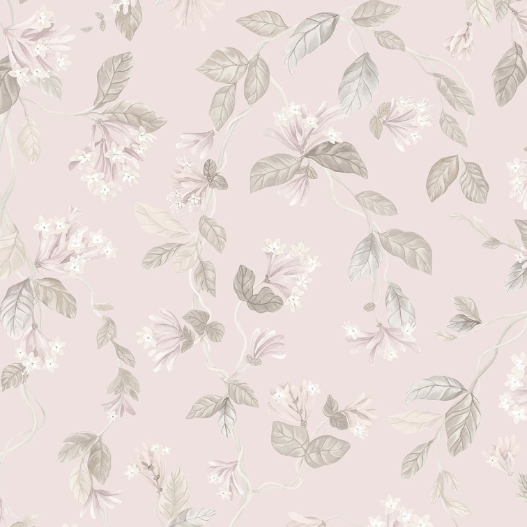 Lichtroze Cole & Son-behang met een patroon van sierlijke bloemen en groene bladeren.