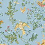 Illustratief behangpatroon van Cole & Son met kolibries, vlinders en sierlijke groene takken op een lichtblauwe achtergrond.