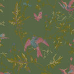 Behang met een patroon van kleurrijke kolibries en bladeren op een donkergroene achtergrond uit de Cole & Son Hummingbirds collectie.