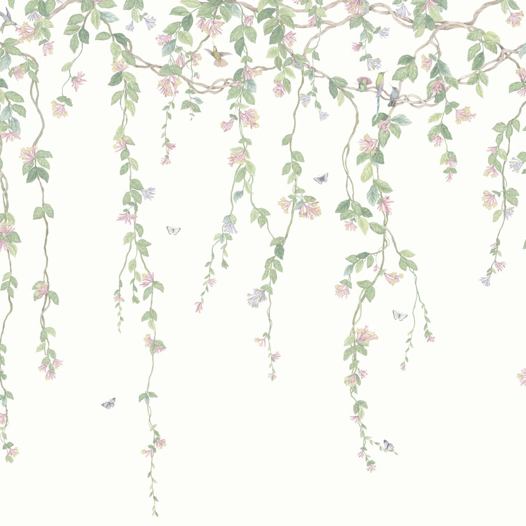 Behangpatroon met hangende bloeiende ranken, kolibries en vlinders op een lichte achtergrond uit de Cole & Son Hummingbirds Flora collectie.