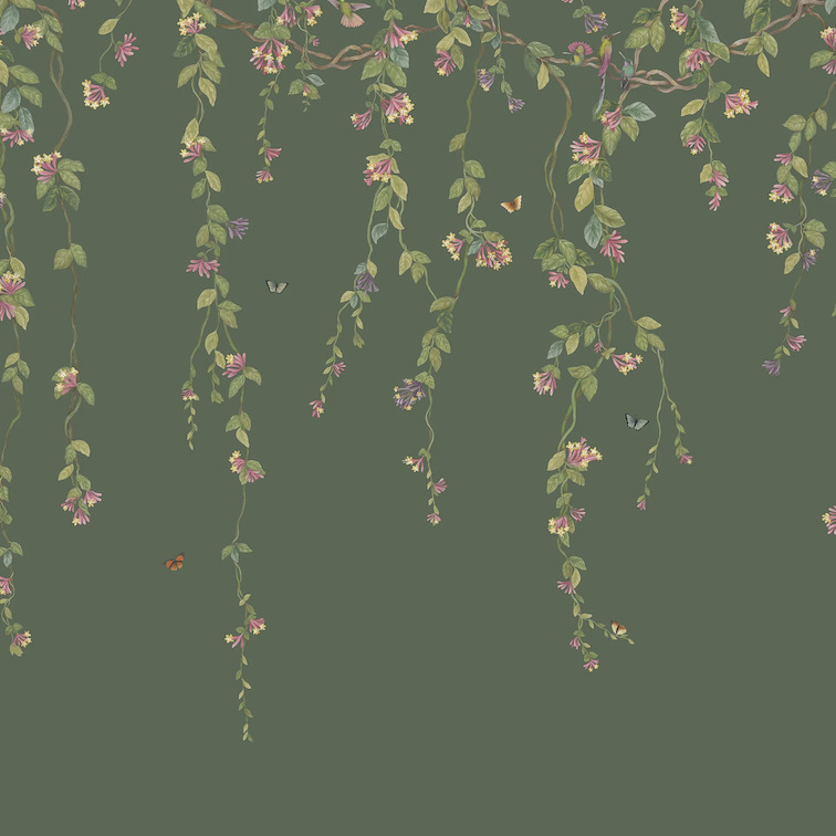 Behangontwerp van Cole & Son met hangende bloemenranken, kolibries en vlinders op een donkergroene achtergrond.
