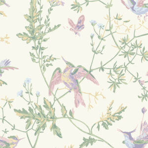 Illustratie van Cole & Son-stof met kleurrijke kolibries en bloemen op een crèmekleurige achtergrond.