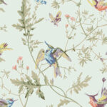 Illustratie van kleurrijke kolibries en flora op een lichtgroene achtergrond uit de Cole & Son Hummingbirds stoffenserie.