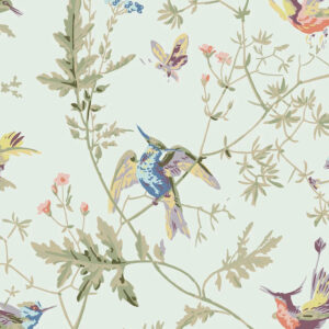 Illustratie van kleurrijke kolibries en flora op een lichtgroene achtergrond uit de Cole & Son Hummingbirds stoffenserie.