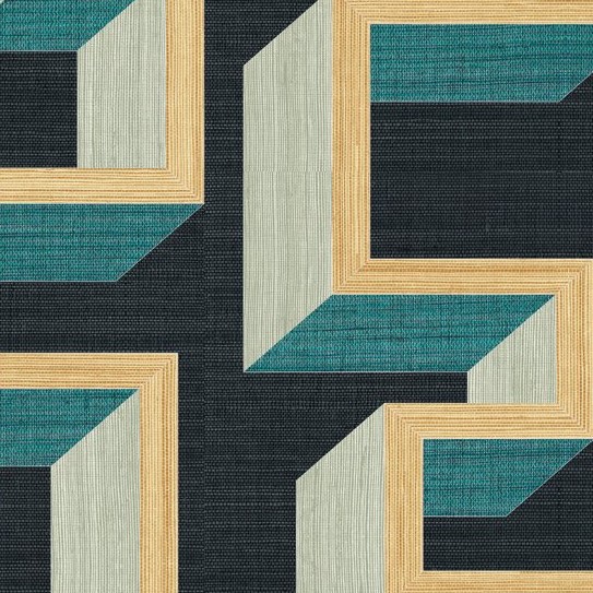 Abstract geometrisch patroon uit de Detour2-0I33-3 collectie met hoekige vormen in geel, groen, lichtgrijs en zwart.