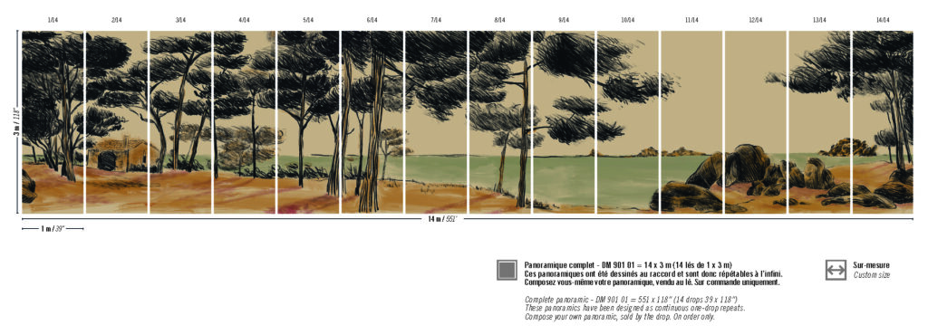 Illustratie van een panoramisch landschap met pijnbomen, een huisje en een kustlijn, verdeeld over 14 panelen.