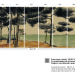 Illustratie van een panoramisch landschap met pijnbomen, een huisje en een kustlijn, verdeeld over 14 panelen.