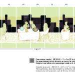 Illustratie van elf panelen met zittende personen aan gedekte tafels en zwarte blokken op een lichtgroene achtergrond, onderdeel van het panoramische ontwerp ENCARTS_360_DM-903.