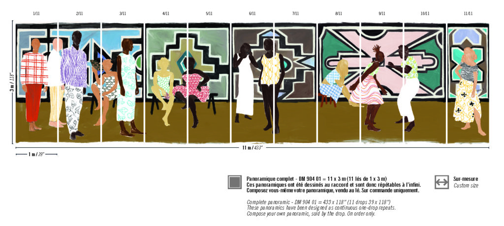 Illustratie van een kleurrijk panoramisch wandpaneel (ENCARTS_360_DM-904) met elf verschillende scènes van mensen in levendige kleding tegen geometrische achtergronden.