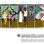 Illustratie van een kleurrijk panoramisch wandpaneel (ENCARTS_360_DM-904) met elf verschillende scènes van mensen in levendige kleding tegen geometrische achtergronden.