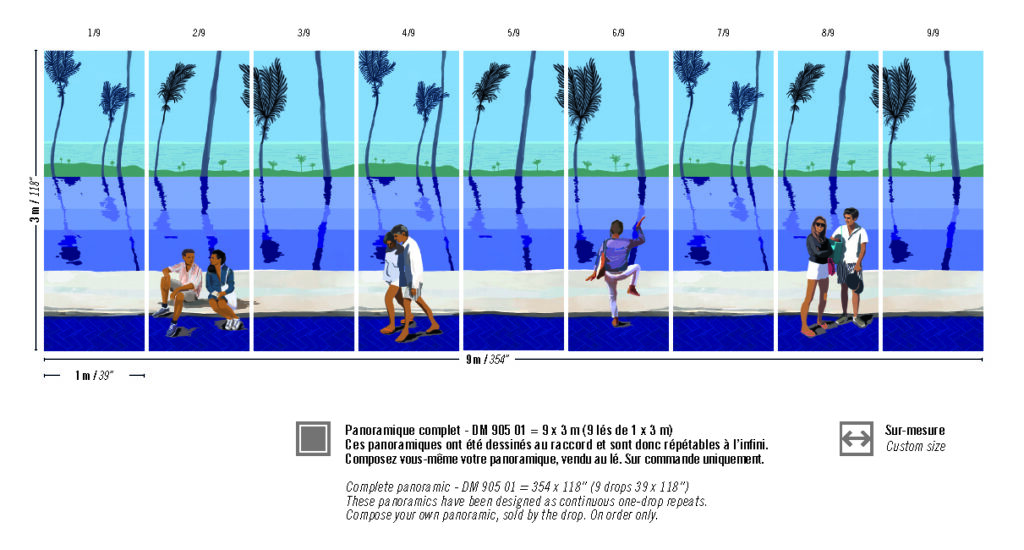 Panoramisch strandtafereel (DM 905 01) met palmbomen, blauwe zee en stelletjes aan de waterkant.