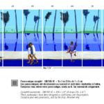 Panoramisch strandtafereel (DM 905 01) met palmbomen, blauwe zee en stelletjes aan de waterkant.