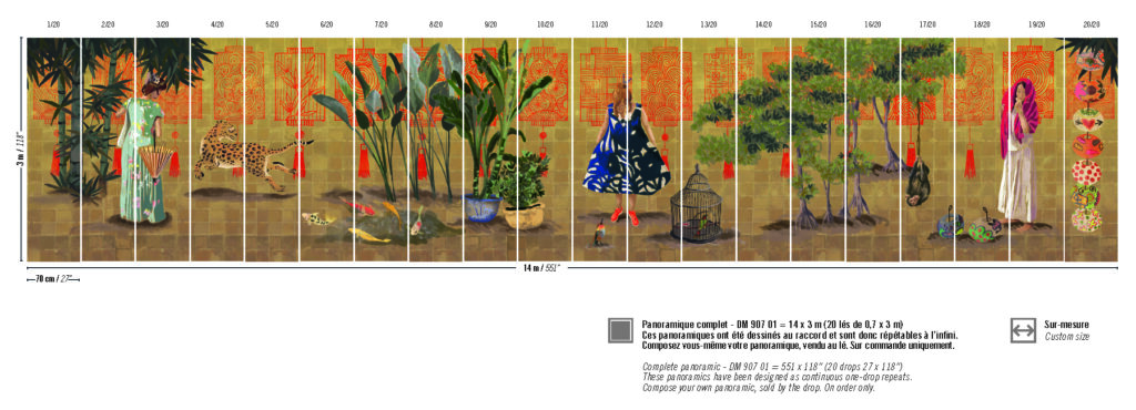 Een kleurrijk, panoramisch wanddecor met oosterse motieven, planten, dieren en gestileerde figuren.