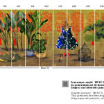 Een kleurrijk, panoramisch wanddecor met oosterse motieven, planten, dieren en gestileerde figuren.