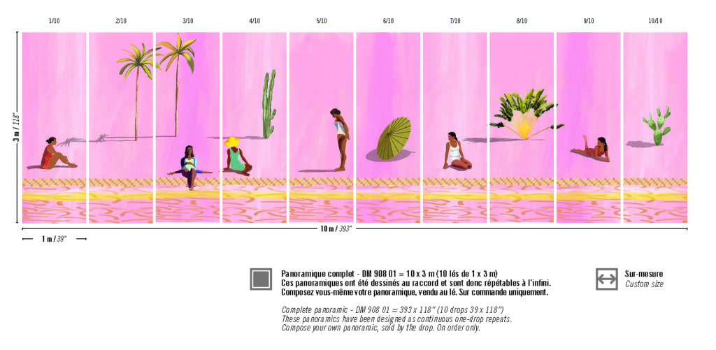 Panoramisch wandontwerp ENCARTS_360_DM-908 met vrouwen, tropische planten en roze achtergrond.