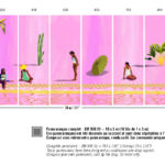 Panoramisch wandontwerp ENCARTS_360_DM-908 met vrouwen, tropische planten en roze achtergrond.