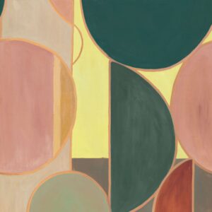 Abstract schilderij uit de serie "Éclats Cosmiques" van Véronique de Soultrait met grote geometrische vormen in zachte pastel- en donkergroene tinten.