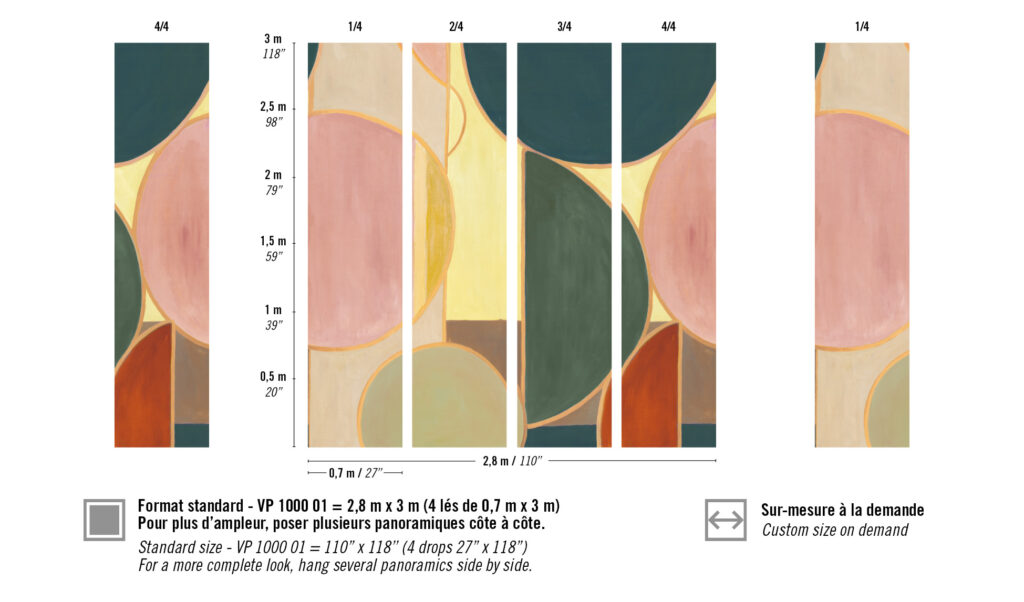 Abstract patroon uit de collectie "Éclats Cosmiques" van Véronique de Soultrait, met geometrische vormen in zachte roze, groene, gele en oranje tinten, verdeeld over vier verticale panelen.