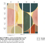 Abstract patroon uit de collectie "Éclats Cosmiques" van Véronique de Soultrait, met geometrische vormen in zachte roze, groene, gele en oranje tinten, verdeeld over vier verticale panelen.
