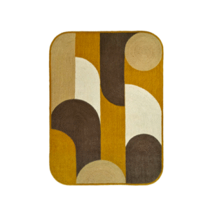 Rechthoekig Elitis Acapulco vloerkleed in bananengeel met abstract geometrisch patroon in bruin, beige en wit.