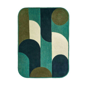 Rechthoekig Elitis Acapulco vloerkleed in groentinten met abstract geometrisch patroon.