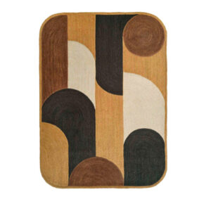 Rechthoekig Elitis Acapulco vloerkleed met abstract patroon in aardetinten zoals bruin, beige, zwart en crème.