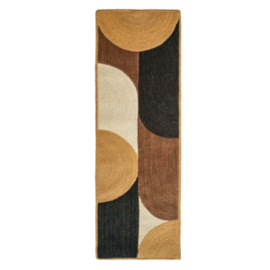 Rechthoekig Elitis Acapulco vloerkleed met abstract patroon in aardetinten zoals oker, bruin, zwart en crème.