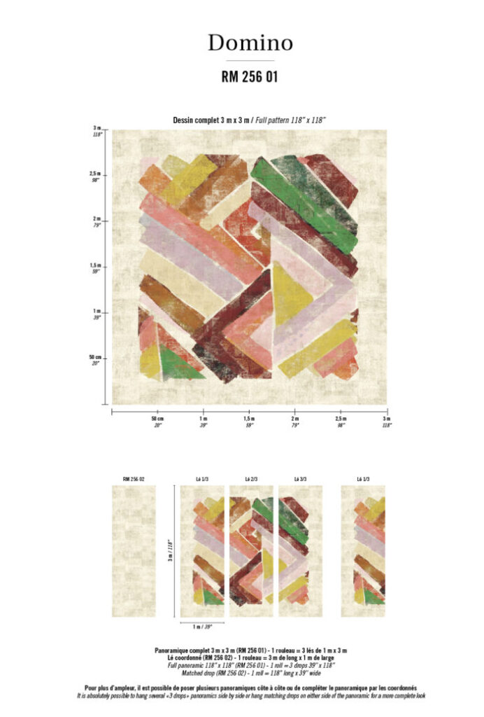 Grote wanddecoratie "Elitis Allegorie Domino RM 256 01" met abstract patroon van gekleurde diagonale vlakken op een beige achtergrond.