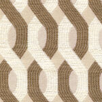 Beige en bruine Elitis Aquarama outdoor stof met golvend, geometrisch patroon.